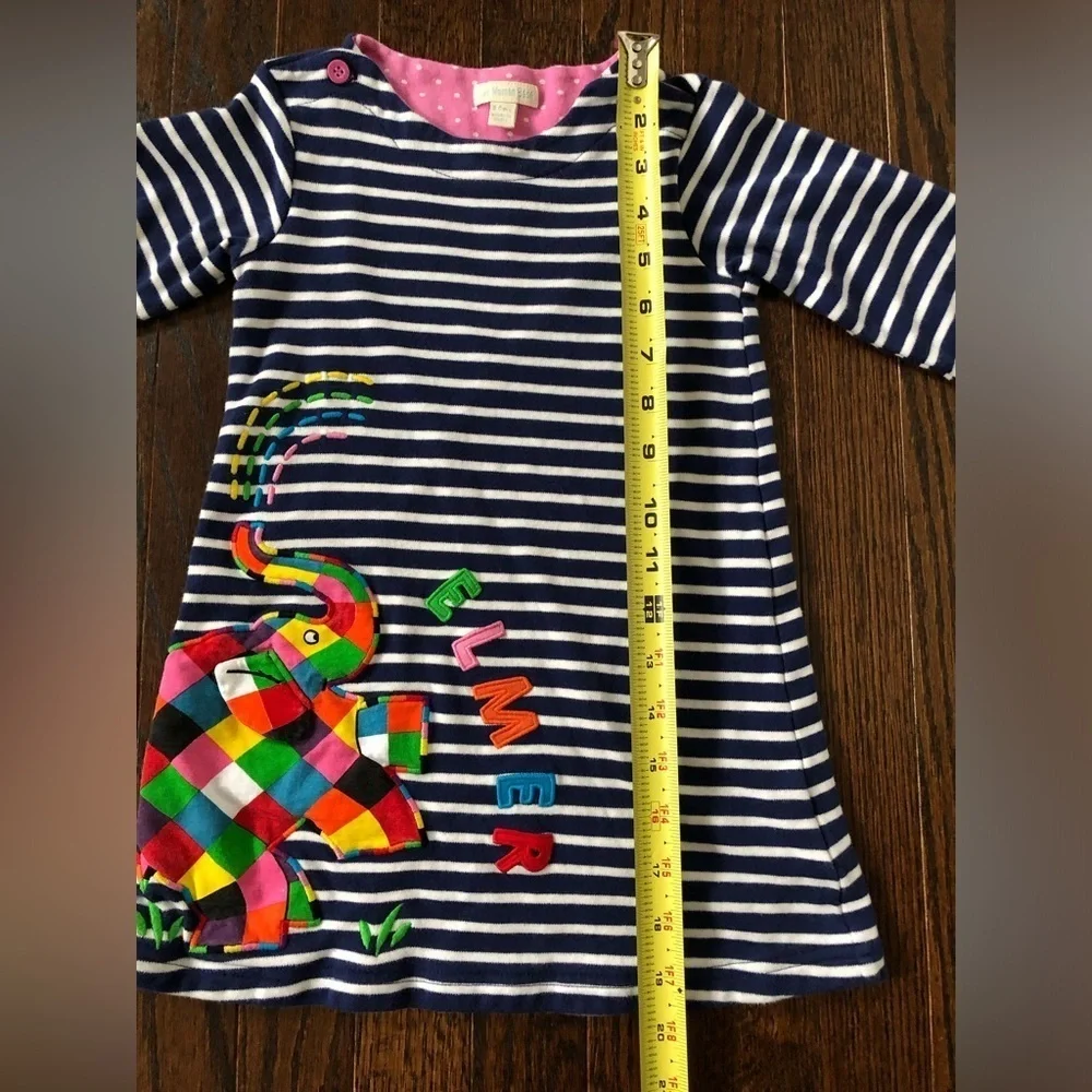 JoJo Maman Bébé Girls 3-4 Navy Blue Striped Elmer Elephant Appliqué A-Line Dress